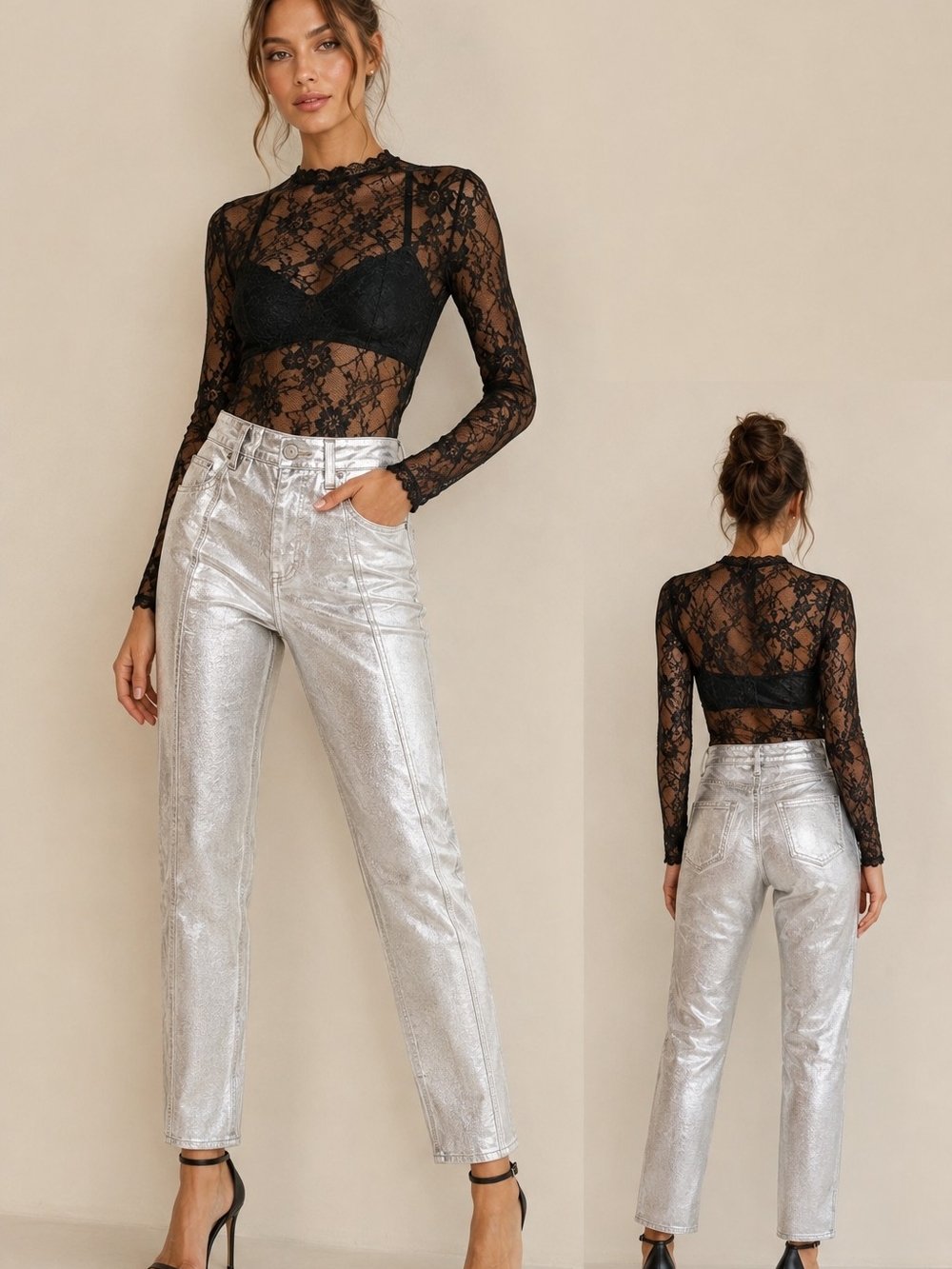 Pilcro Anthropologie Foiled Silver Metallic Curved Taper Barrel Jeans Sz 23T